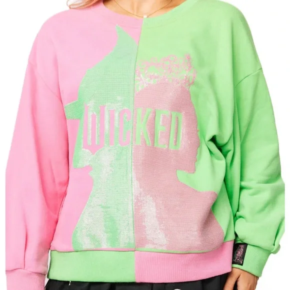 Queen of Sparkles Green & Pink Colorblock Character Profile Wicked Sweatshirt - Picture 1 of 3